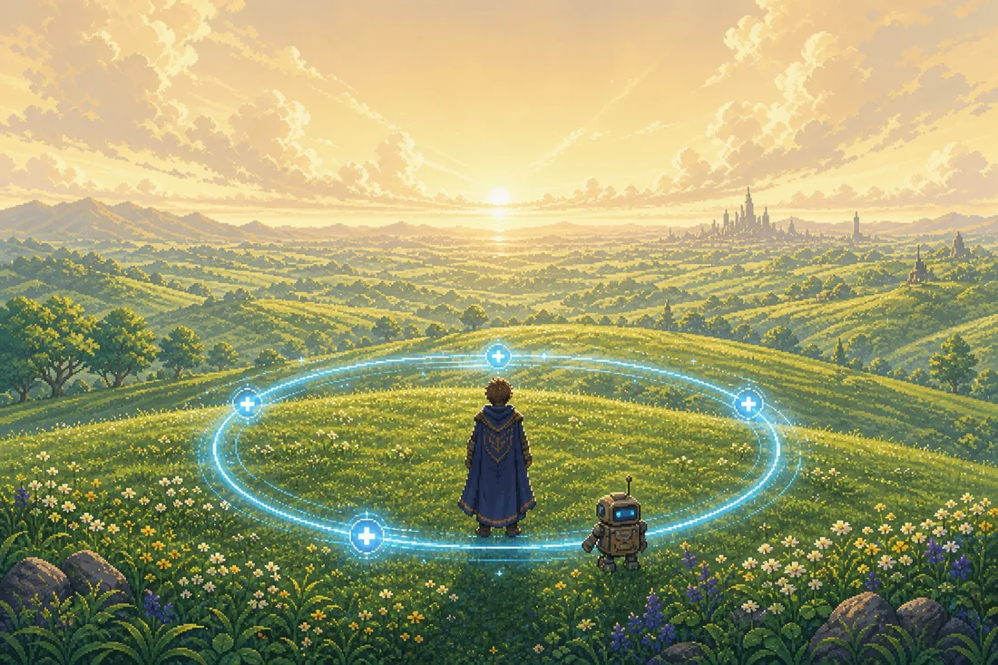 Pixel-art: the operator standing inside a glowing signal-blue goal-loop ring with four waypoints, a distant city forming on the horizon