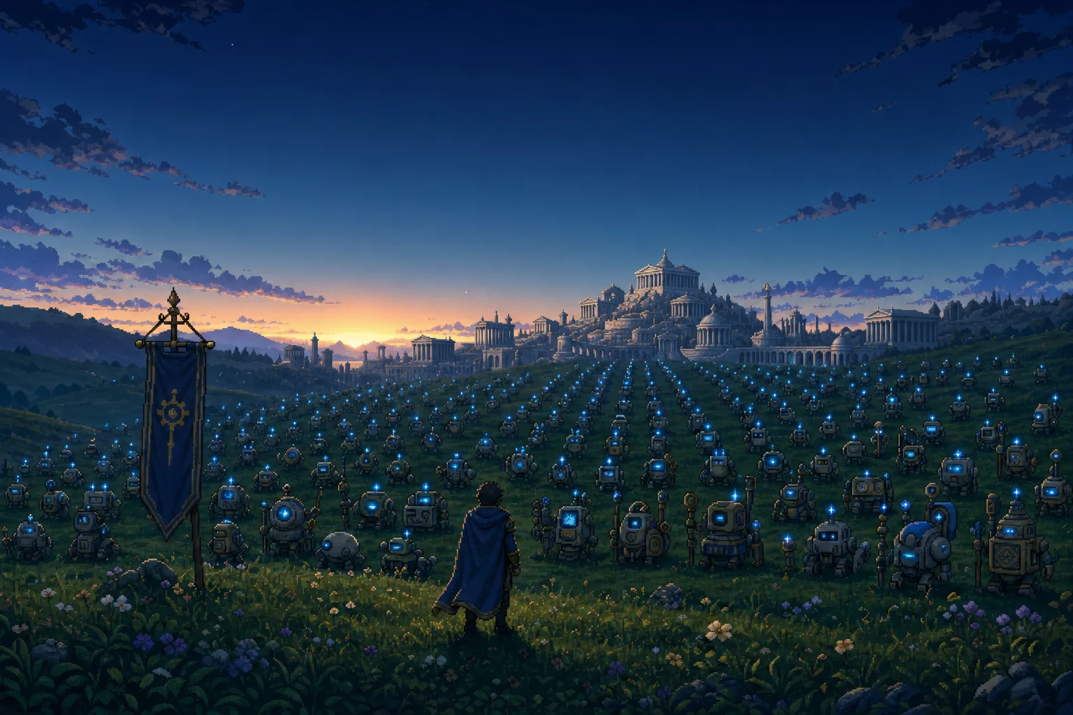 The same pixel-art army at pre-dawn blue hour, each agent lit by a small signal-blue light, the marble city faintly moonlit on the horizon