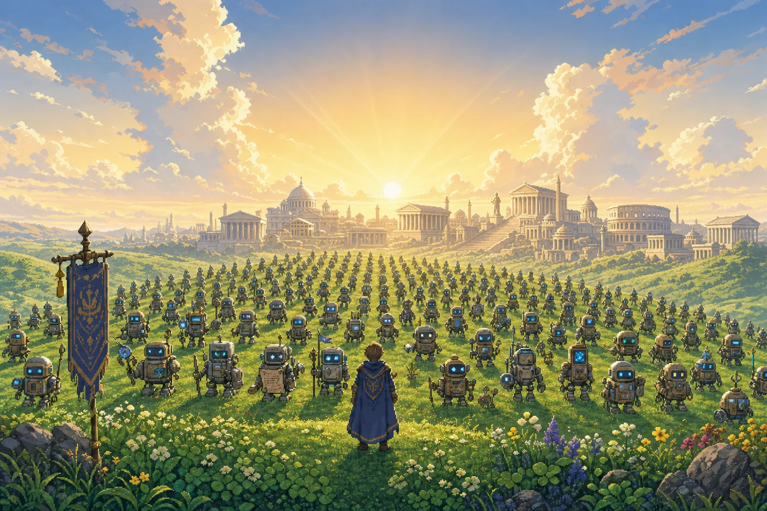 A pixel-art army of AI-agent characters massed in formation on a meadow ridge at dawn, with one lone general standing before them, a classical Greek and Roman marble city on the horizon